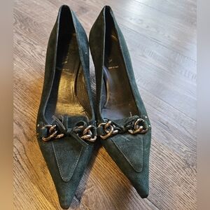 Prada Dark Green Heels with Chain Accent